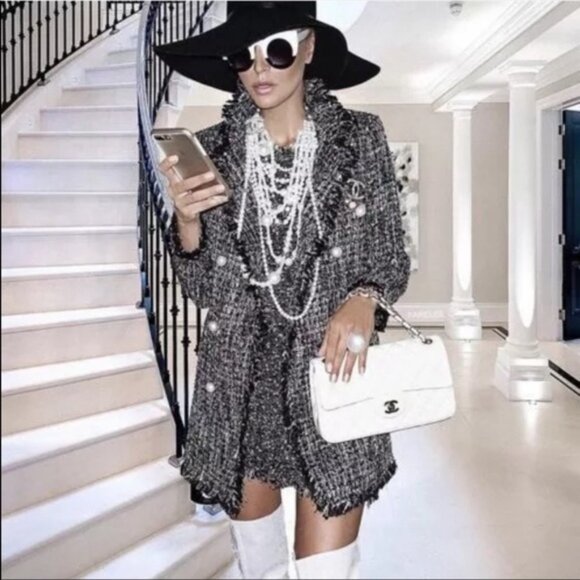 New Zara Tweed Coat Pearl Buttons Frayed CoCo Chanel Style - Picture 7 of 14